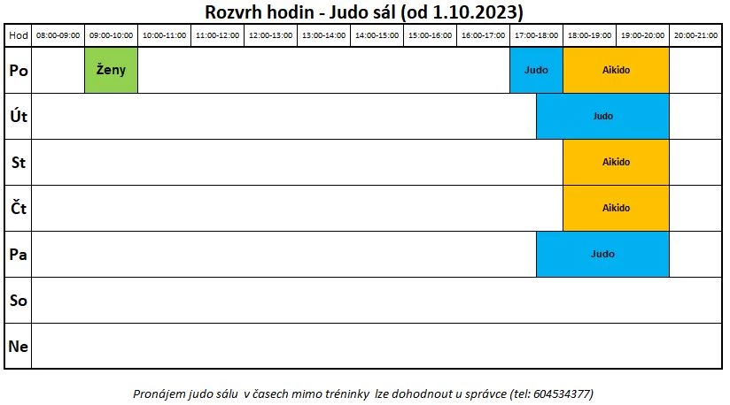 Rozvrh hodin — Judo sál (od 1. 10. 2023)