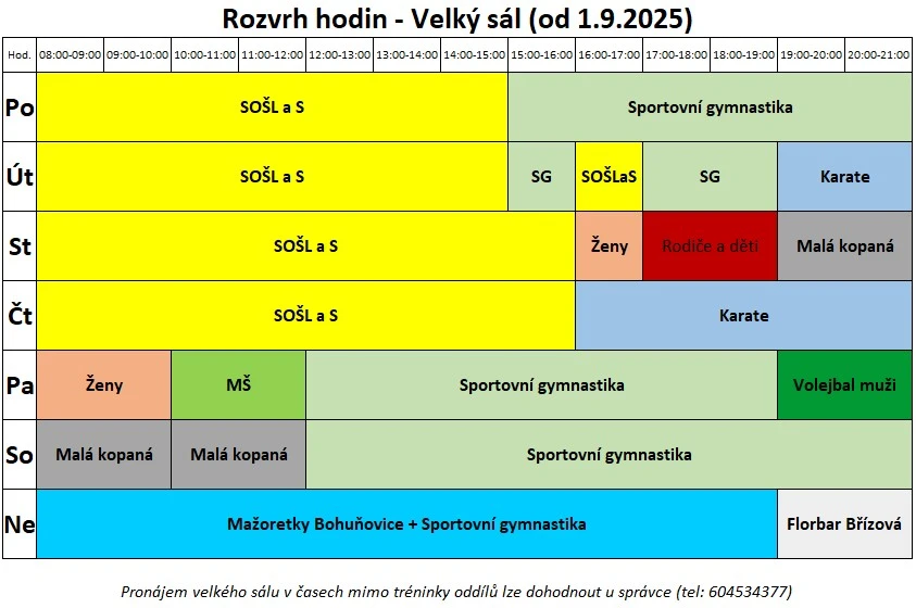 Rozvrh hodin — Velký sál (od 1. 9. 2025)